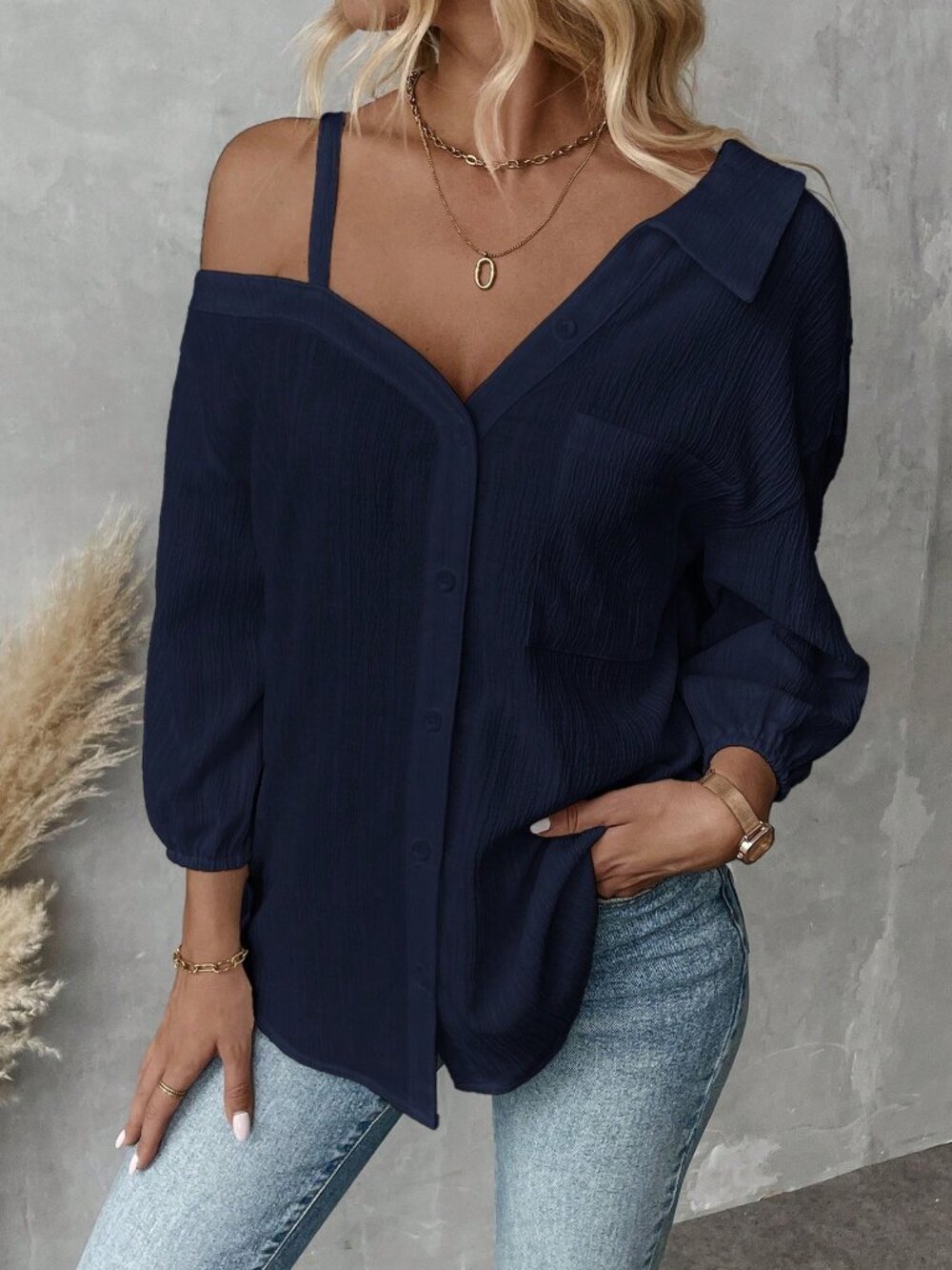Navy Blue Casual Women's Asymmetric Collar Dropped Shoulder Loose Blouse